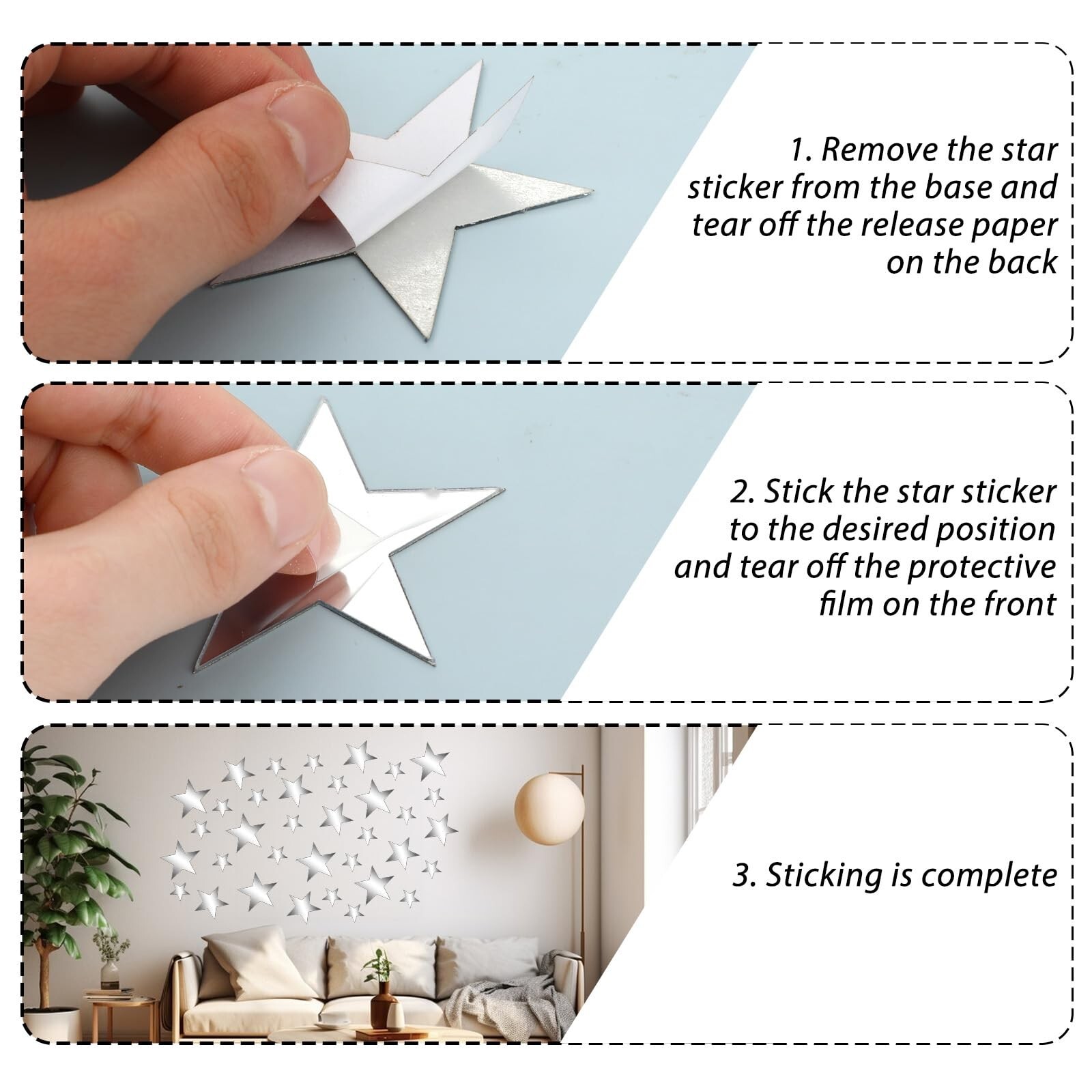 40Pcs Silver Stars Acrylic Mirror Wall Stickers 3D Acrylic Mirror Wall Decora…