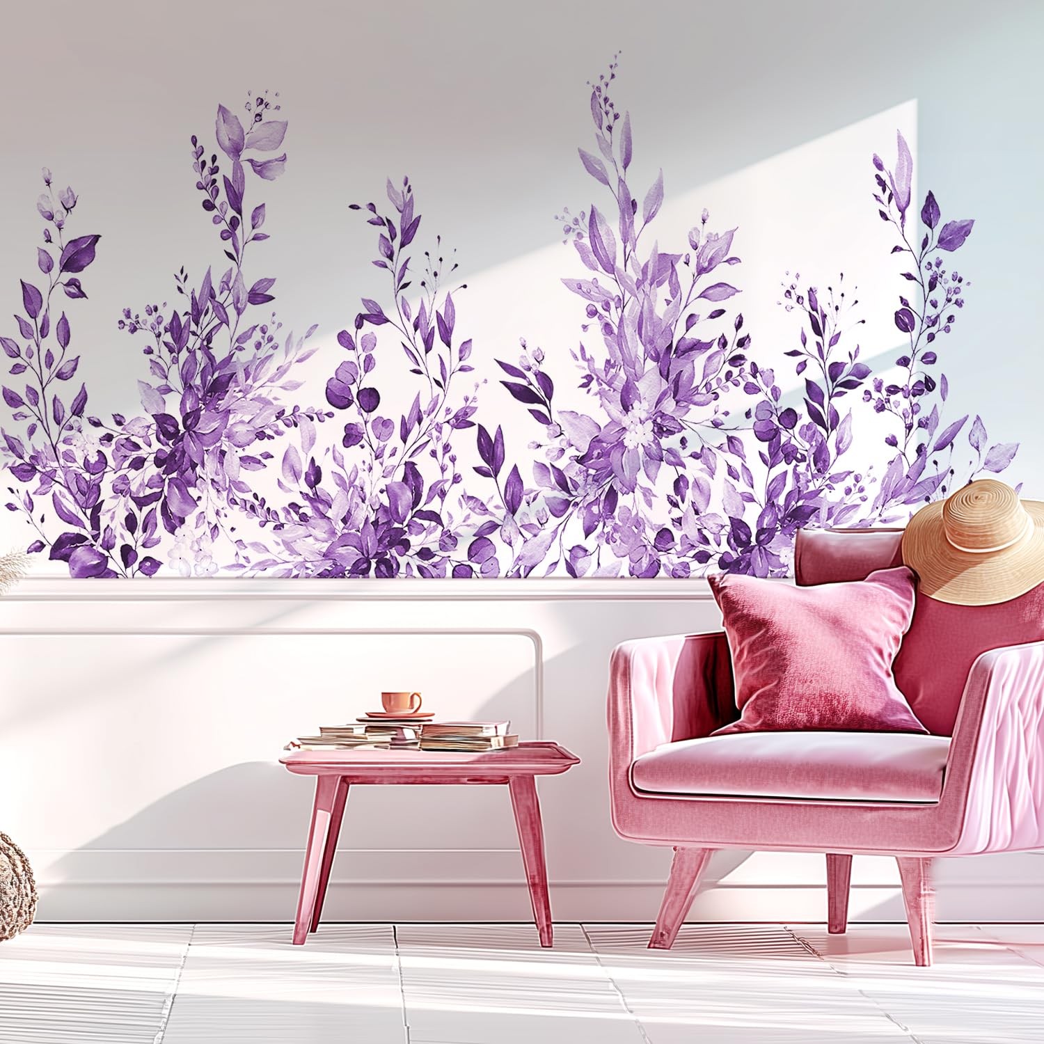 Purple Plants Leaves Wall Decals Peel and Stick, Floral Flowers Wall Stickers…