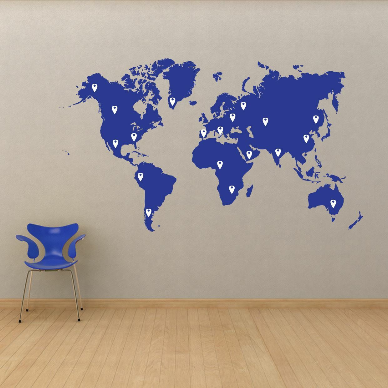 World Map Vinyl Wall Decal Sticker. Includes Location Pins. Office Wall Map #873