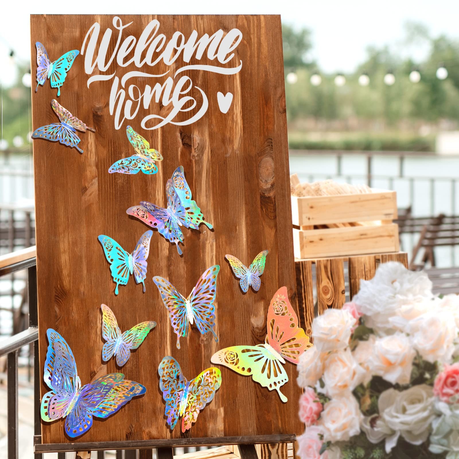 60 Pcs 3D Iridescent Silver Butterfly Wall Stickers, Holographic