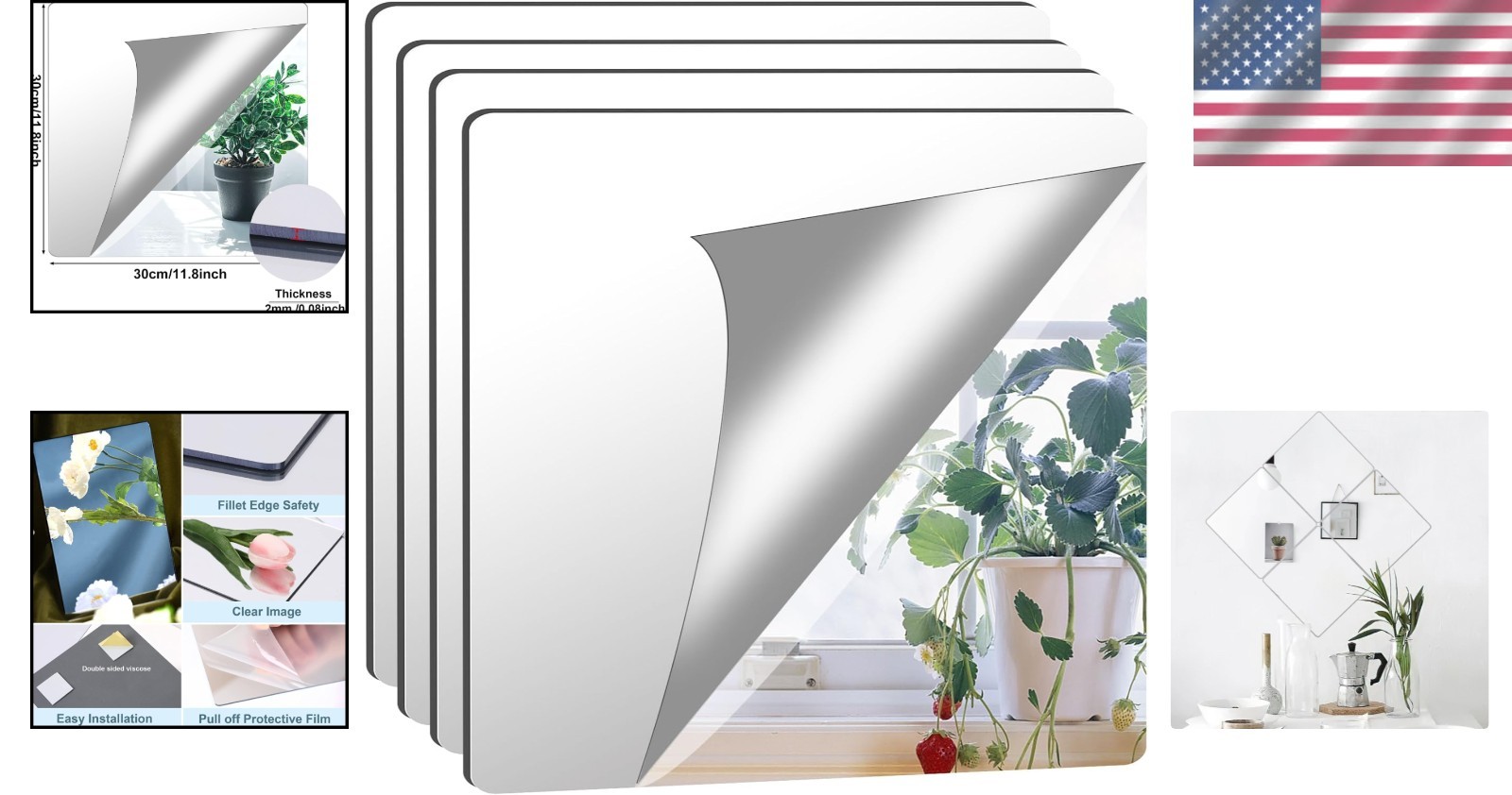 2MM Thick Frameless Acrylic Mirror Tiles – 12×12 Inches Wall Stickers Pack of 4