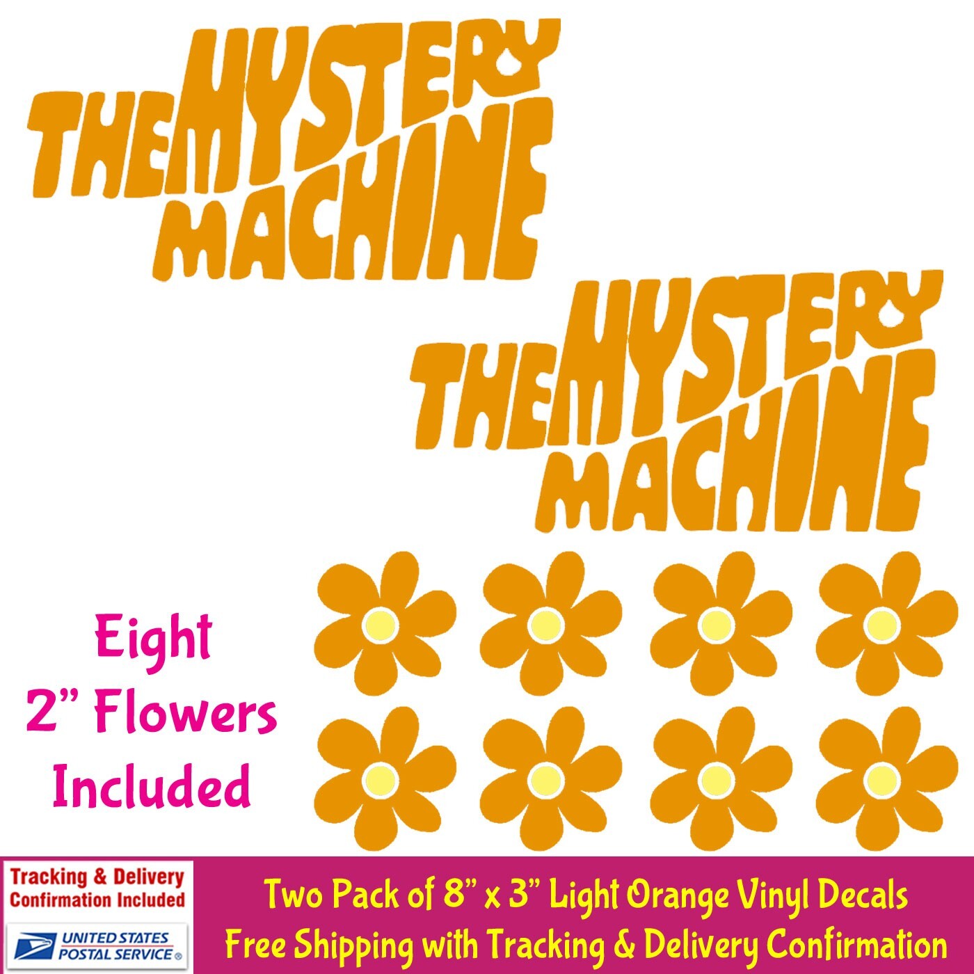 The Mystery Machine 8" Logo & Hippie Flowers Orange Vinyl Decal Car Van Window