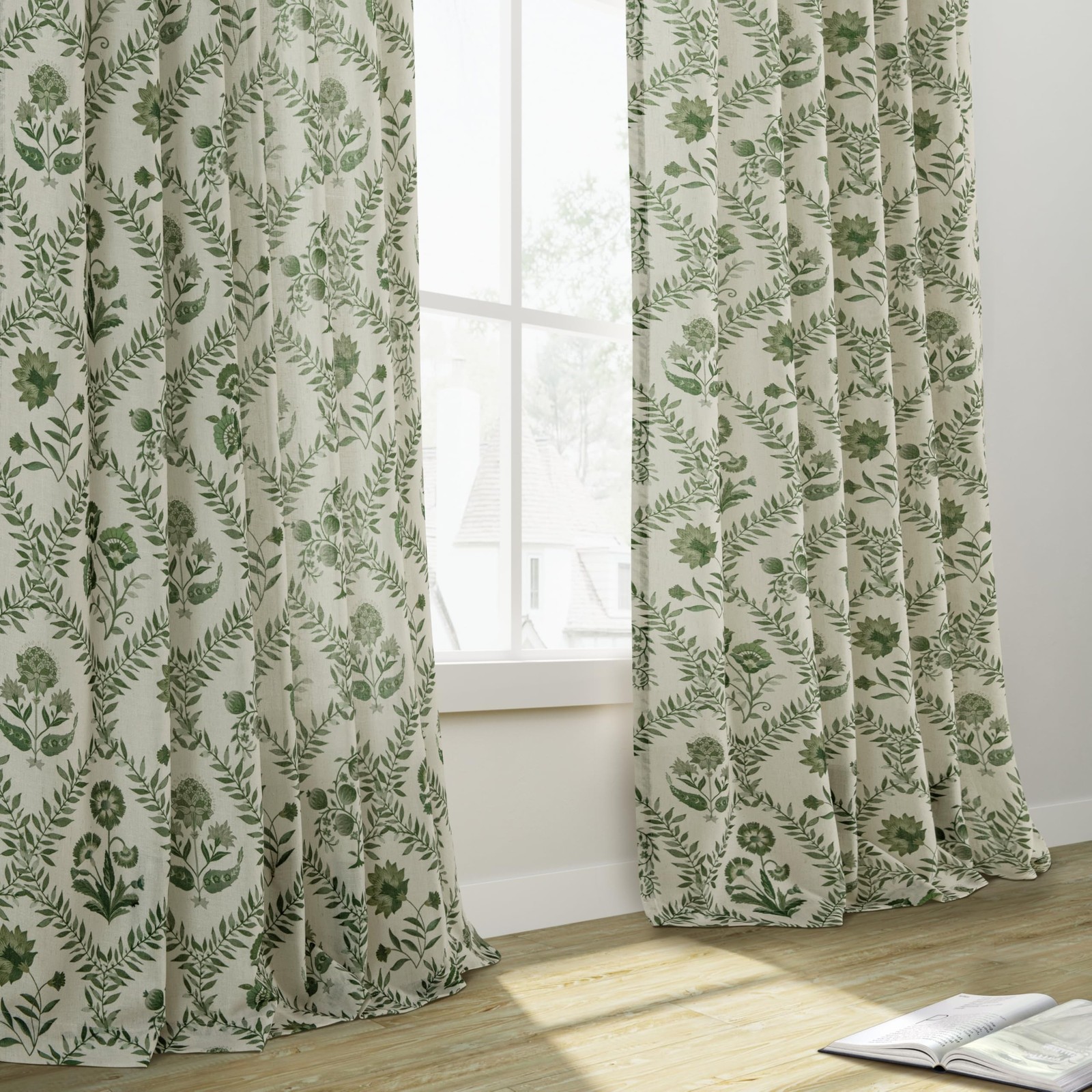 Green Floral Linen Curtains 84 Inch Length for Living Room Bedroom 2 Panels S…