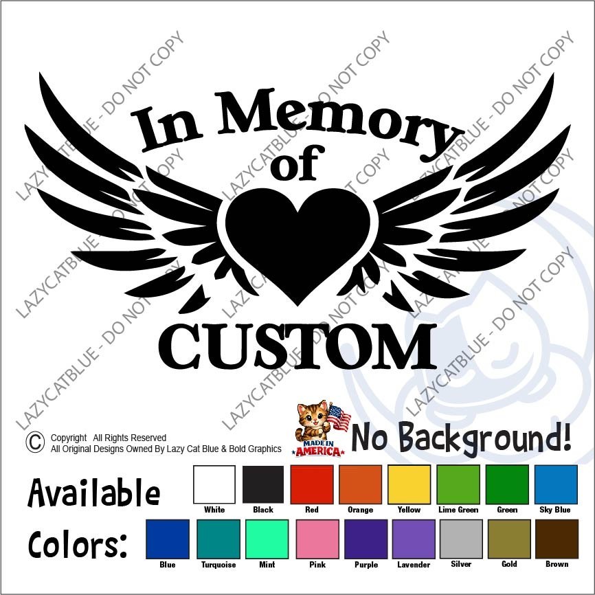 In Memory Of Custom Name Decal Sticker Heart Wings RIP Memorial Loss Family Love