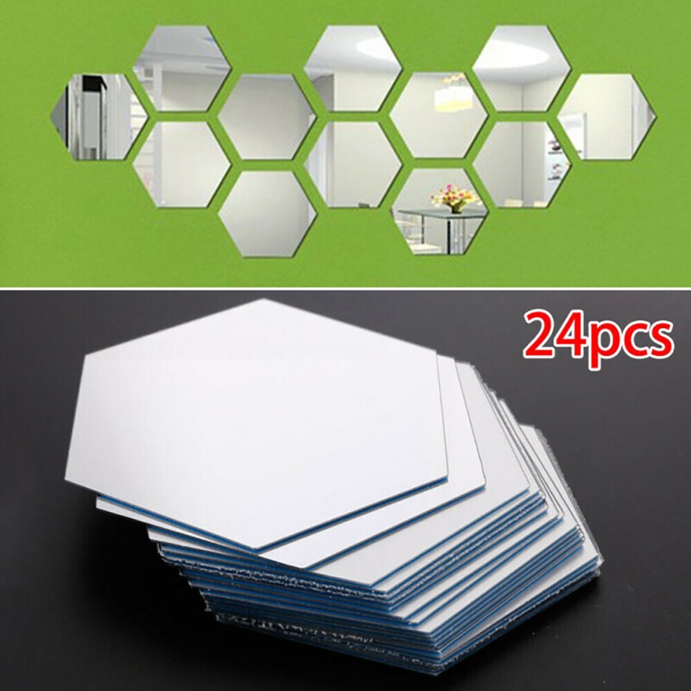 ?24pcs 3D Hexagon Mirror Wall Sticker Art Tile Decal Home Living Room Decor