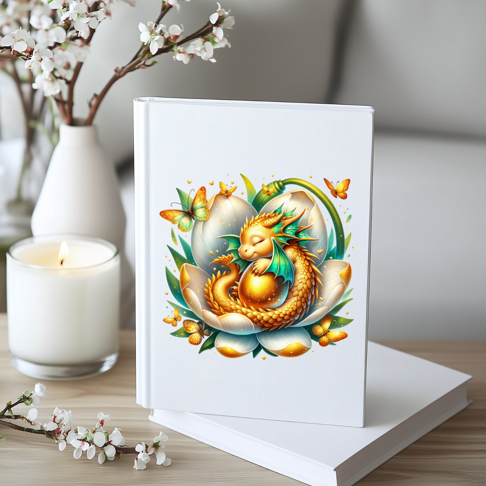 Gold Dragon Sleeping on White Flower UV DTF Transparent Sticker / Decal
