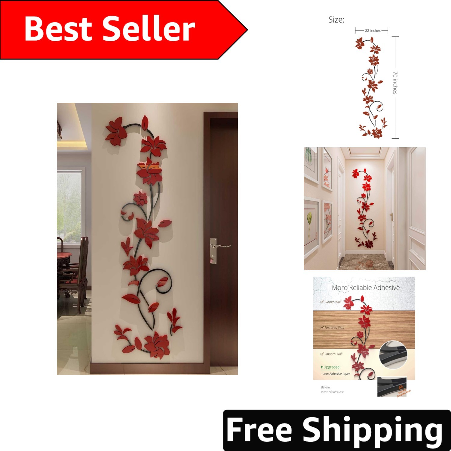 Stylish 3D Acrylic Rattan Flower Wall Art – 70H x 22W Decal for Kids and Adults