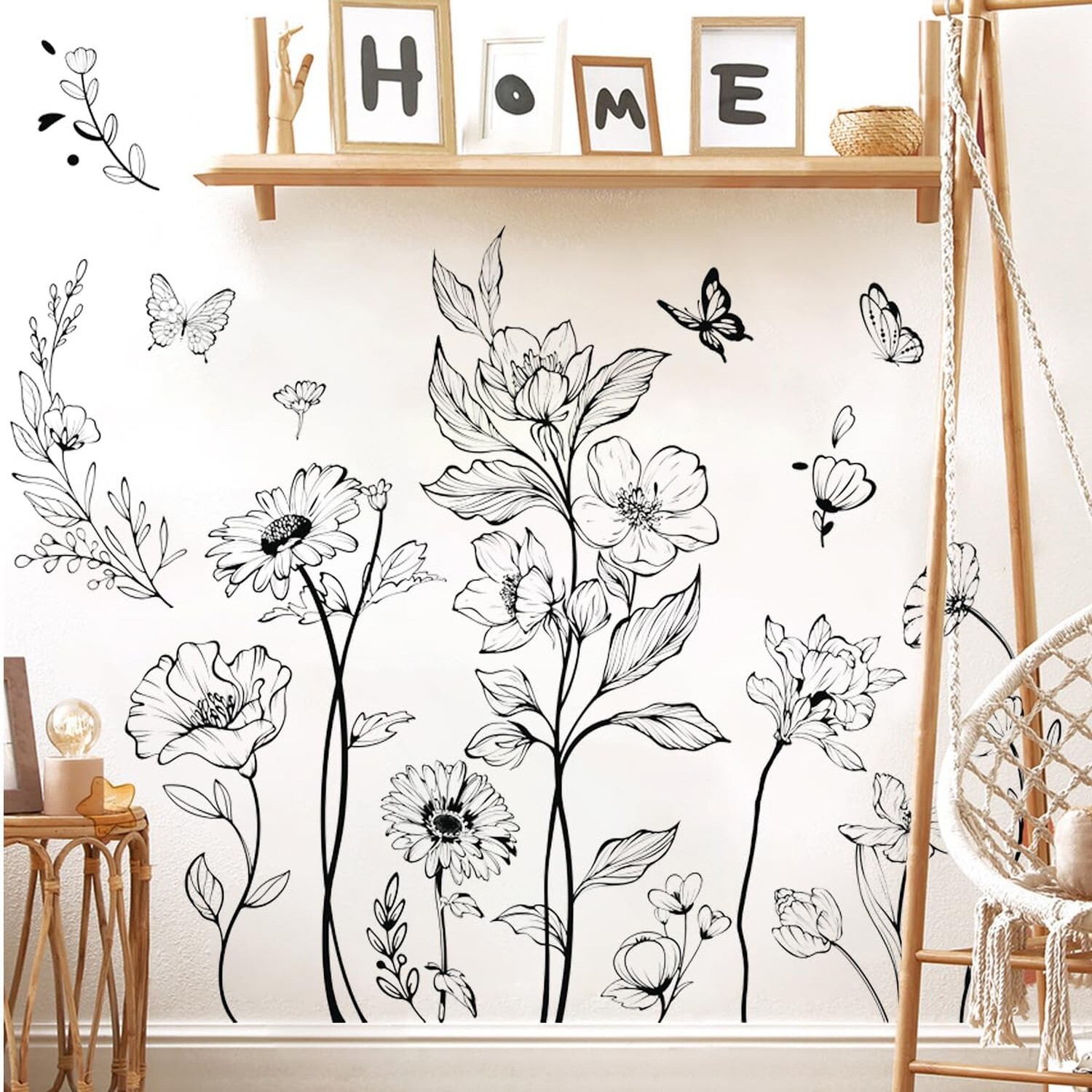 Runtoo Boho Black Flower Wall Decals Simple Wildflower Floral Wall Stickers f…