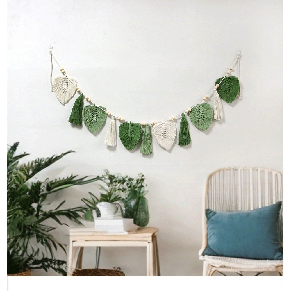 Wall Hanging Tapestry Cotton Blend Hand Woven Bohemian Leaf Fringe Decor
