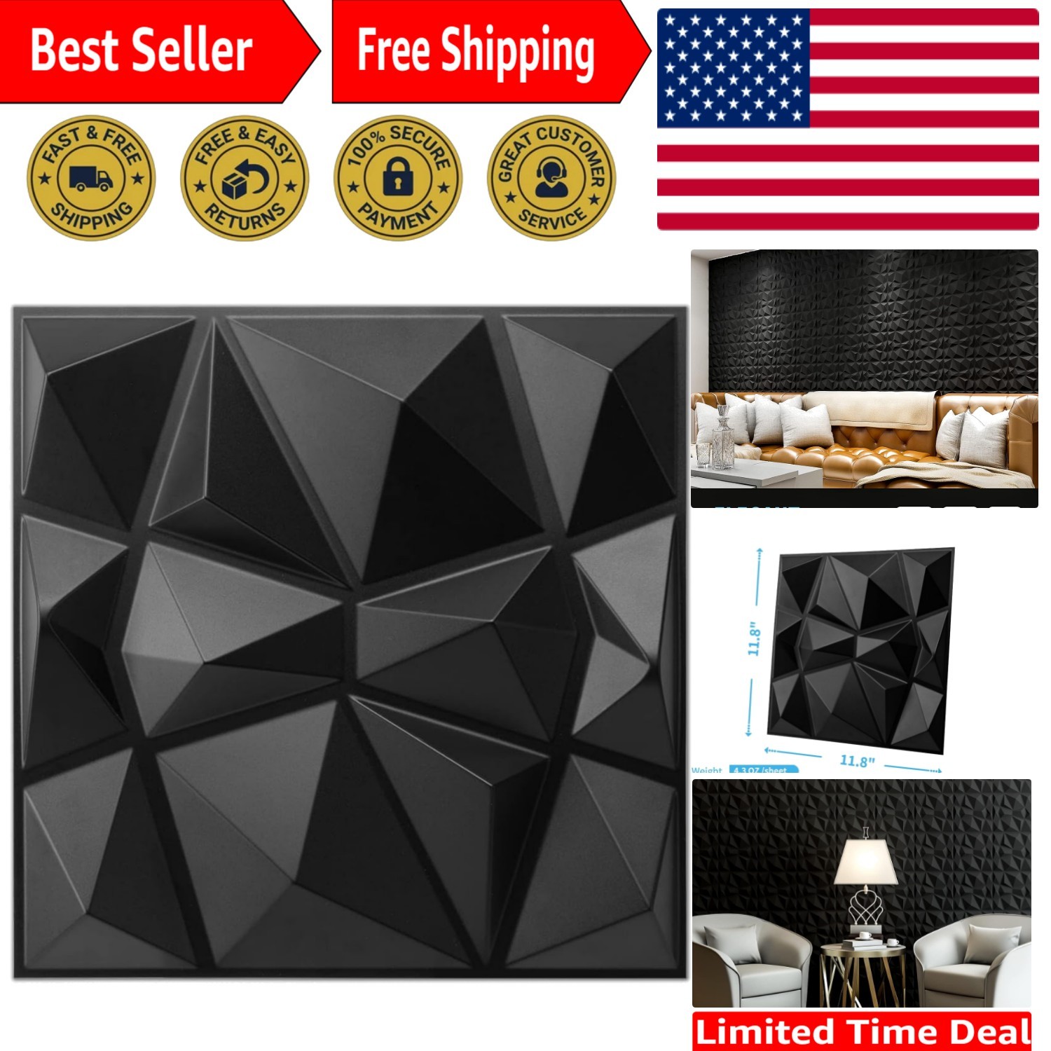 Transform Your Space with 33 Pack of 3D Diamond Design Wall Panels – Matte Black