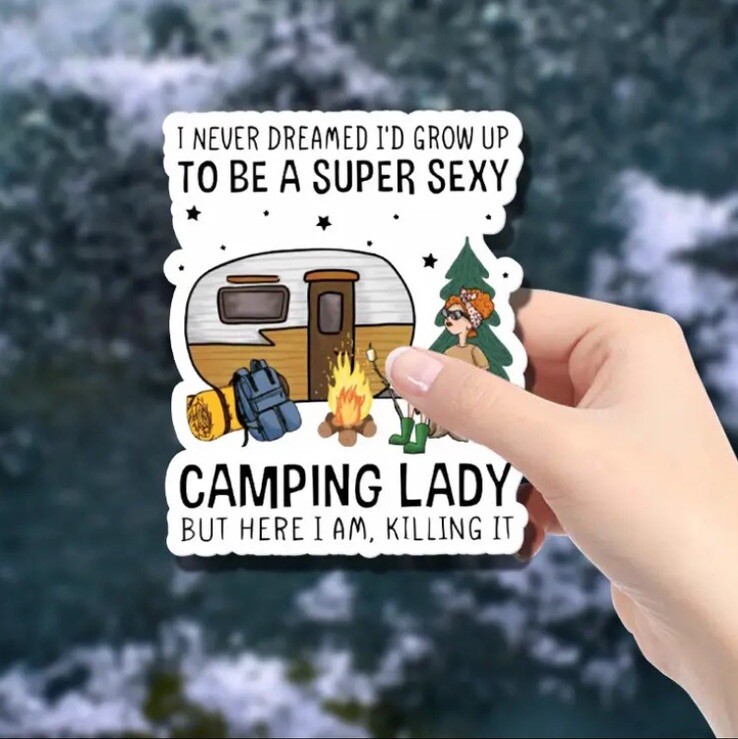 Sexy Camping Lady Large 6”x5” Waterproof Sticker Women Car Truck RV