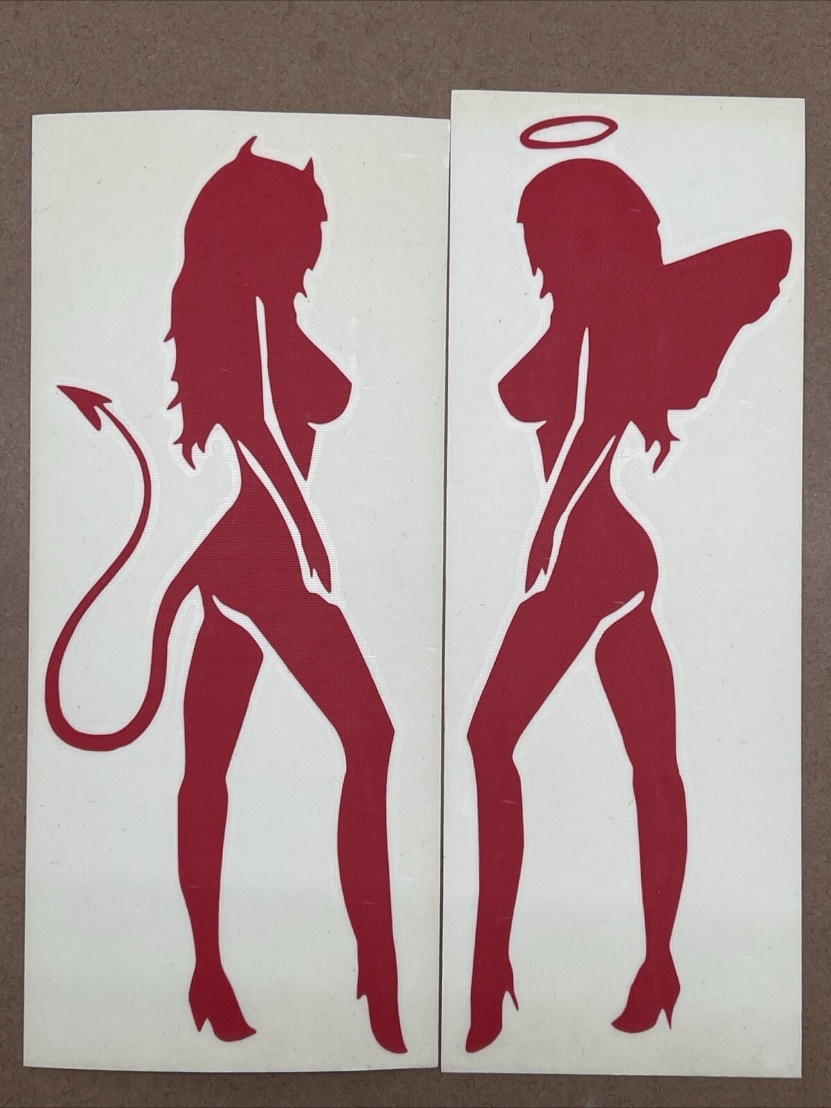 Set Of 2 Devil & Angel Girls Red Vinyl Decal: 8” X 3”, Not For Porous Surfaces