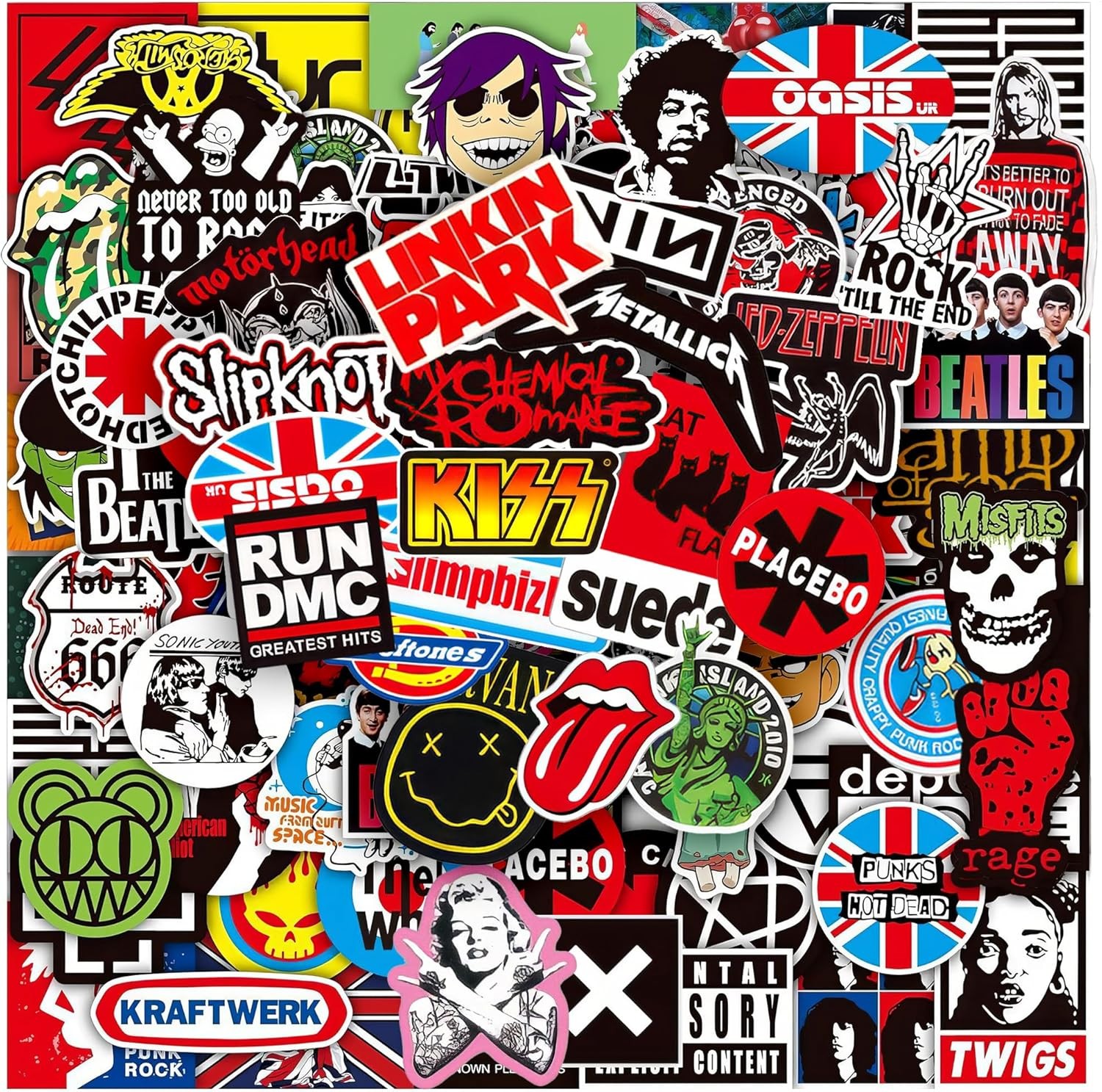 100Pcs Rock Band Vinyl Stickers Punk Metal Rock Decals for Laptop Guitar Bottle