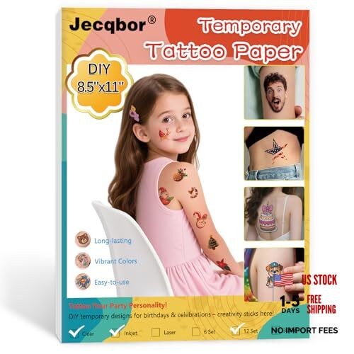 Printable Temporary Tattoo Paper for INKJET Printer, A4 8.5X11 Inch-6 SETS