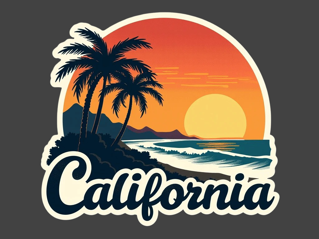 California Sticker Vinyl Decal Coastal Sunset Beach Palm Trees Retro