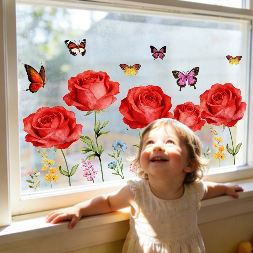 Floral Art Static Cling Sticker Red Roses Butterflies PVC 11.81 x 23.62 inches