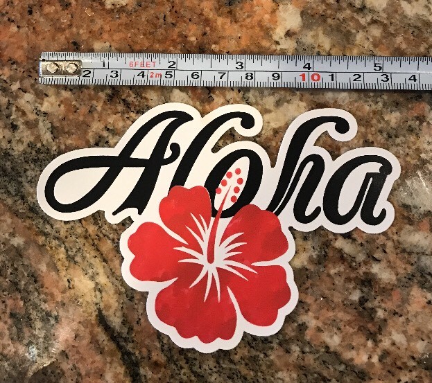 Aloha Hibiscus Sticker – Red Tropical Hawaiian Flower Surfing Waves Beach Island