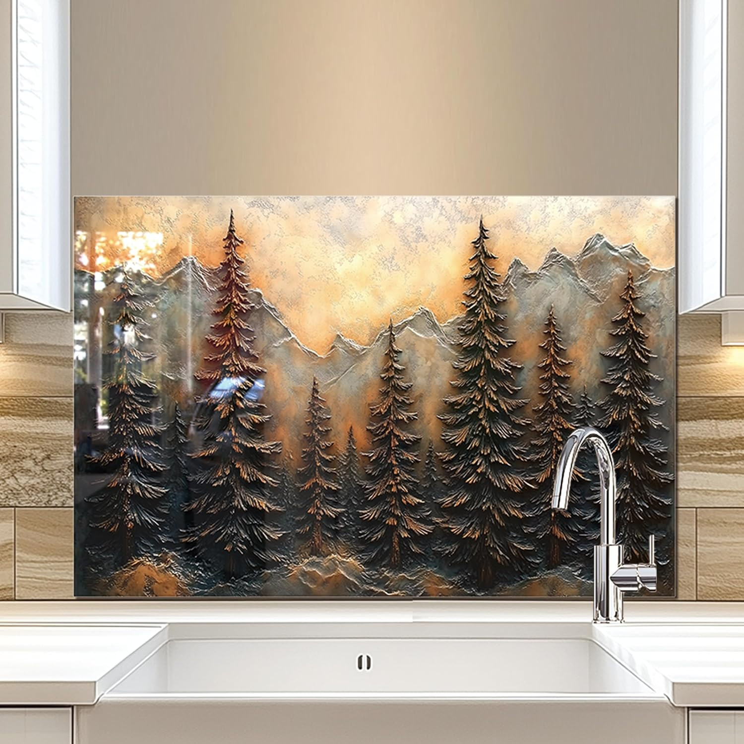Tree of Life,Tempered Glass Backsplash for Kitchen behind Stove,Easy to Clean Ki