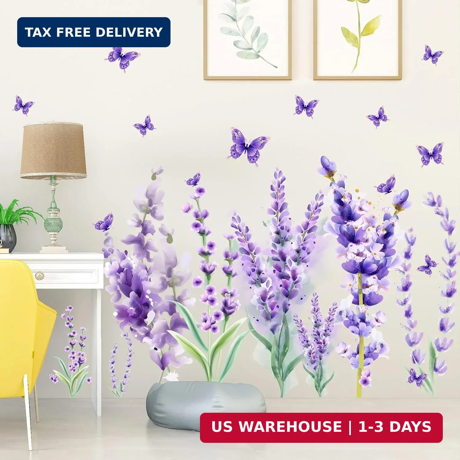 Removable Purple Lavender Wall Decals Purple Flowers Butterfly Wall Stickers DIY