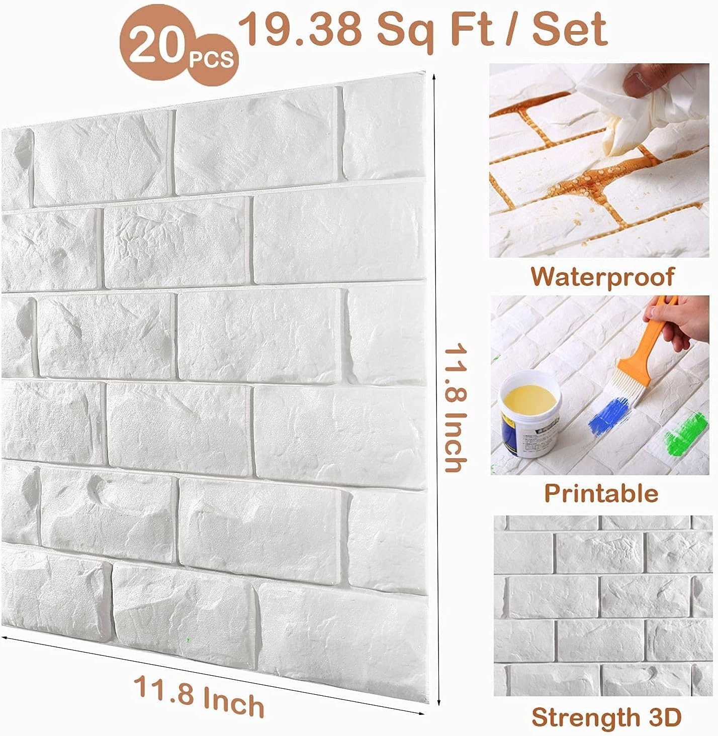 20 Pcs 3D White Brick Wall Panels – Peel & Stick Waterproof Decor, 19.38 sq ft