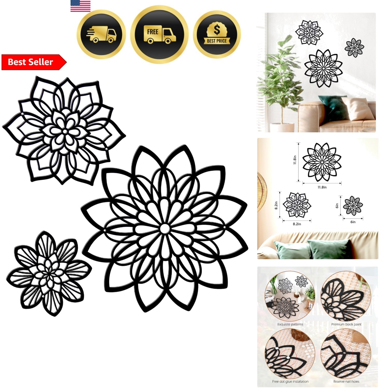 Metal Flower Wall Decor Set Farmhouse Black Flower Art Hanging Sculpture