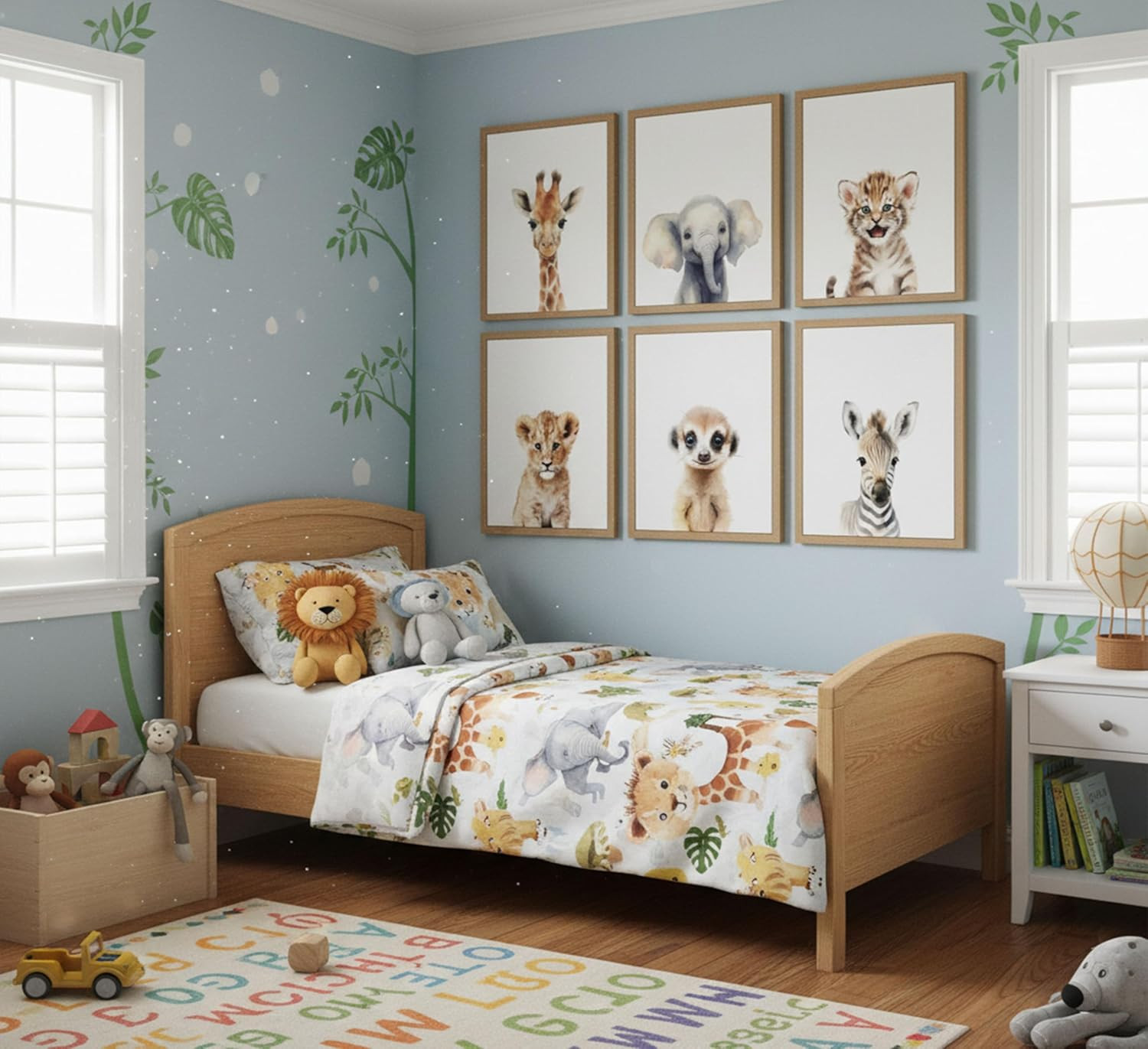 6Pcs Safari Animal Nursery Canvas Wall Art Cute Elephant Giraffe Leopard Zebra D