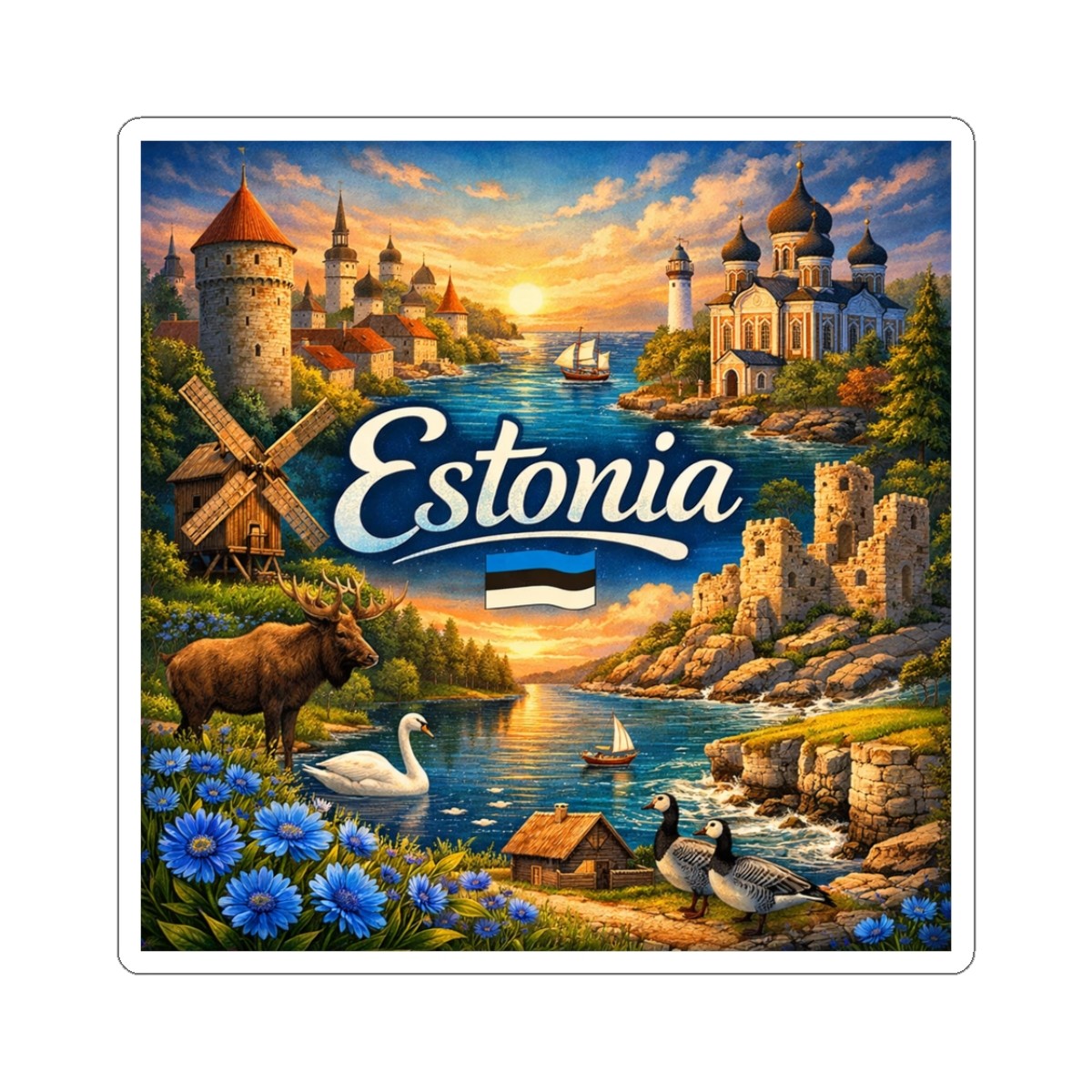 Estonia landscape sticker | Travel decal, national flag motif