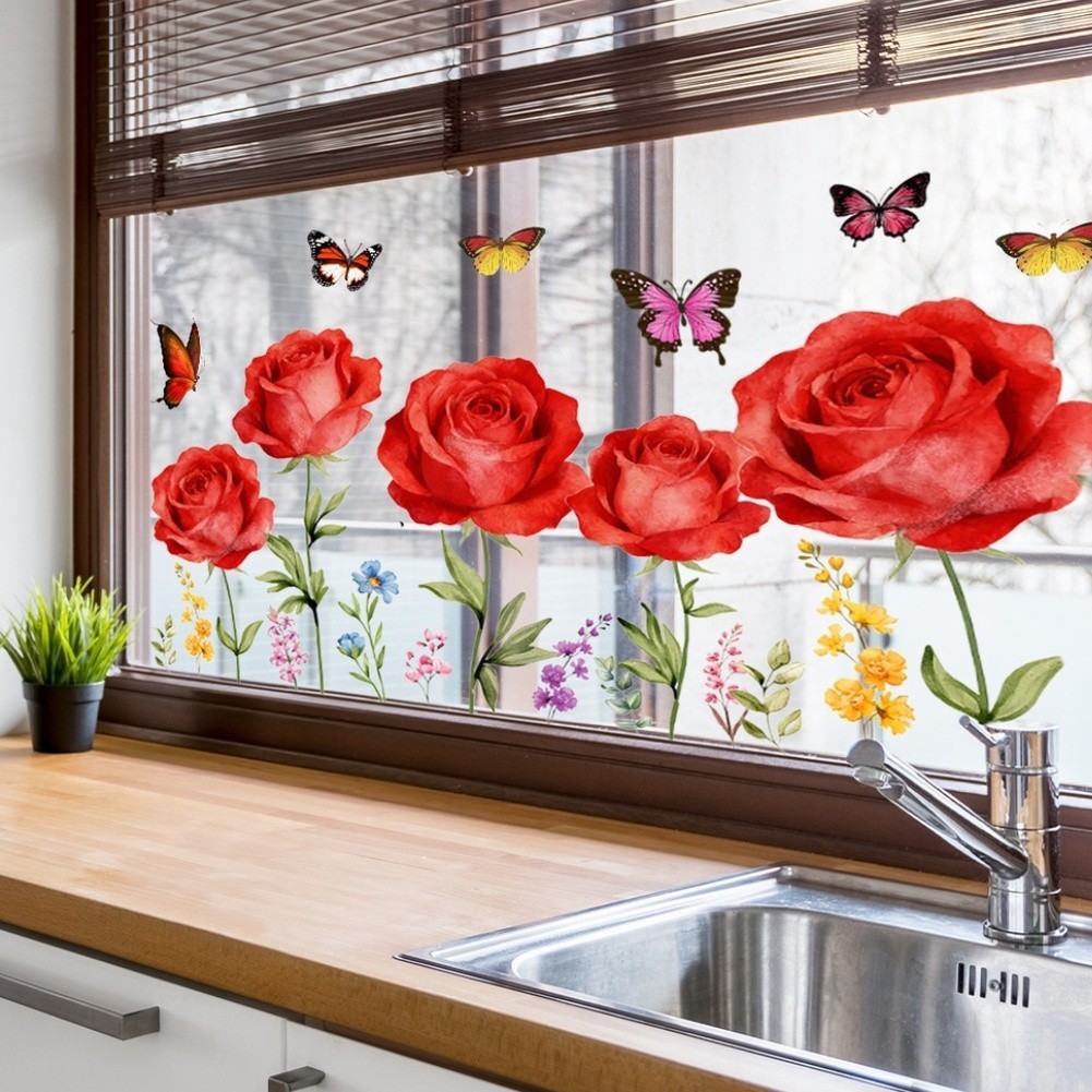 Floral Art Static Cling Sticker Red Roses Butterflies PVC 11.81 x 23.62 inches