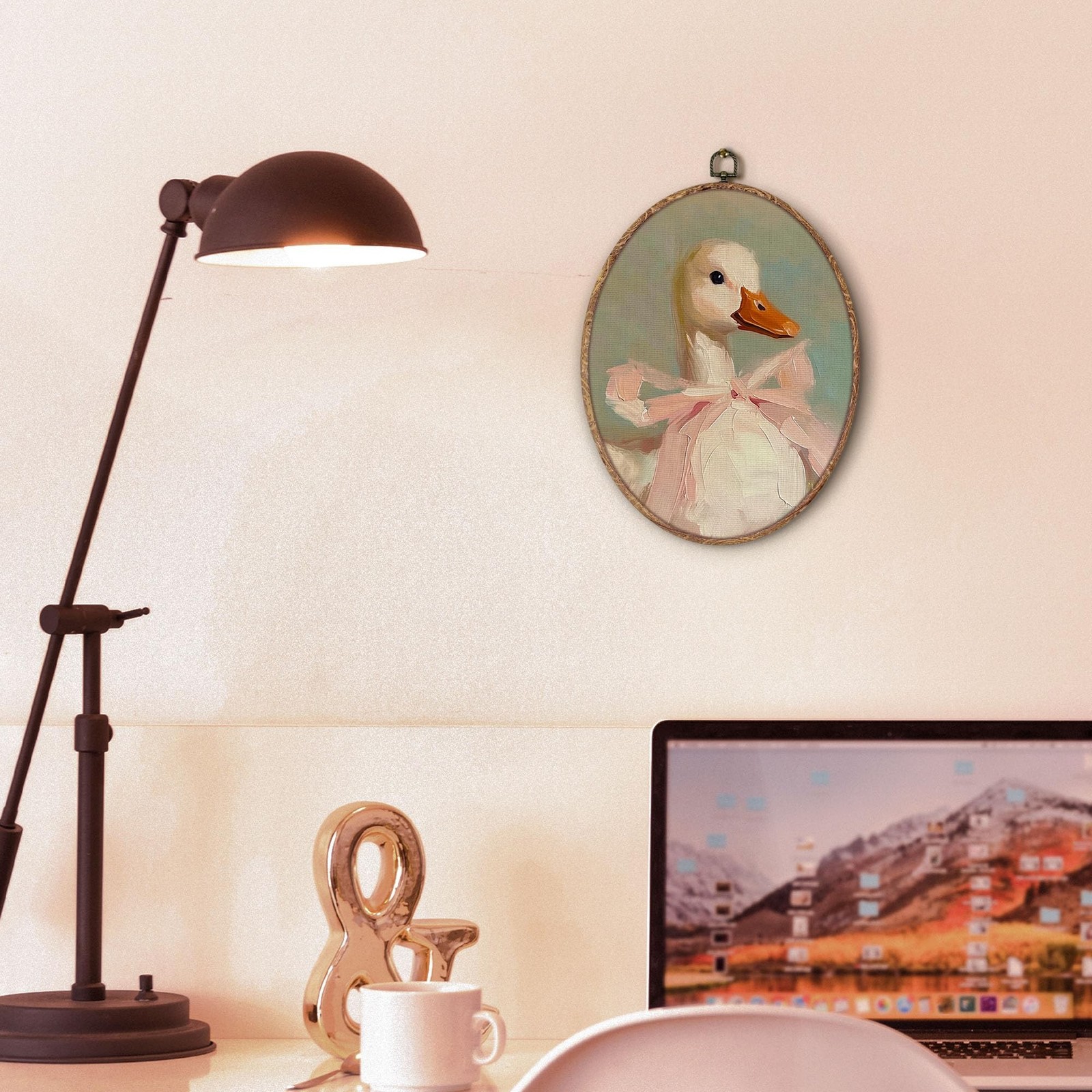 Coquette Pink Bow Duck Oval Wall Art Framed, Preppy Girly Oval Wall Decor, Vi…
