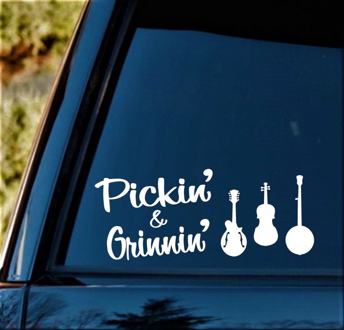 Bluegrass Music Banjo Fiddle Mandolin Decal Sticker for Car Pick and Grin J1016