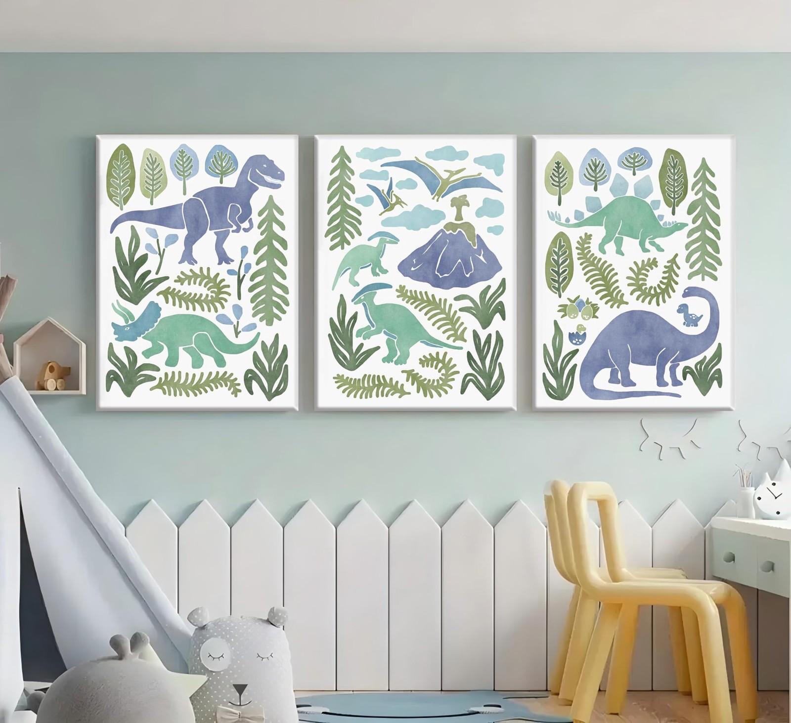 Baby Boys Nursery Wall Art Blue Green Dinosaur Pictures Wall Decor Stegosauru…