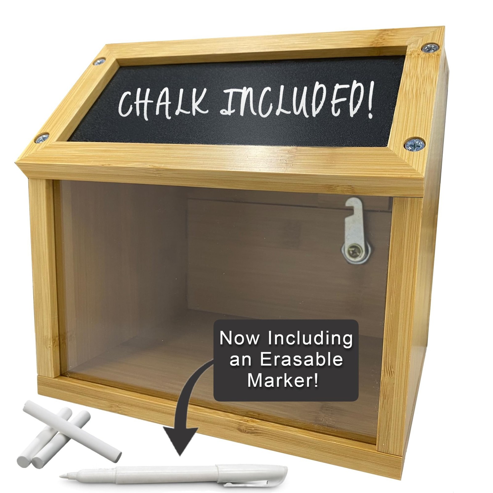 Bamboo Tip Jar and Suggestion Box with Chalkboard, Chalk, Locking Latch, and …
