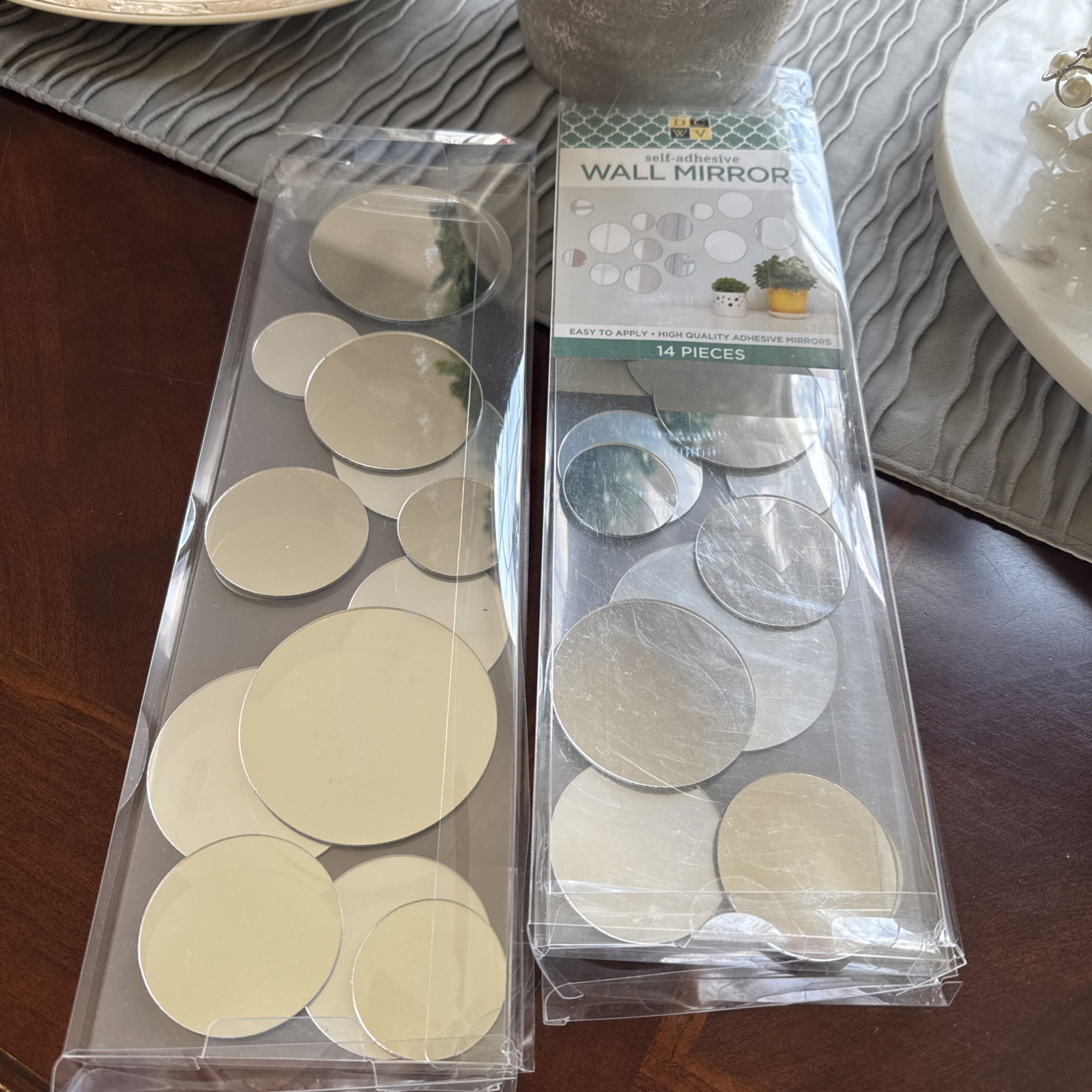 NIB 14pc Peel &Stick Self-Adhesive Silver Circle Wall Mirror Decals 2 PACK 28PCS