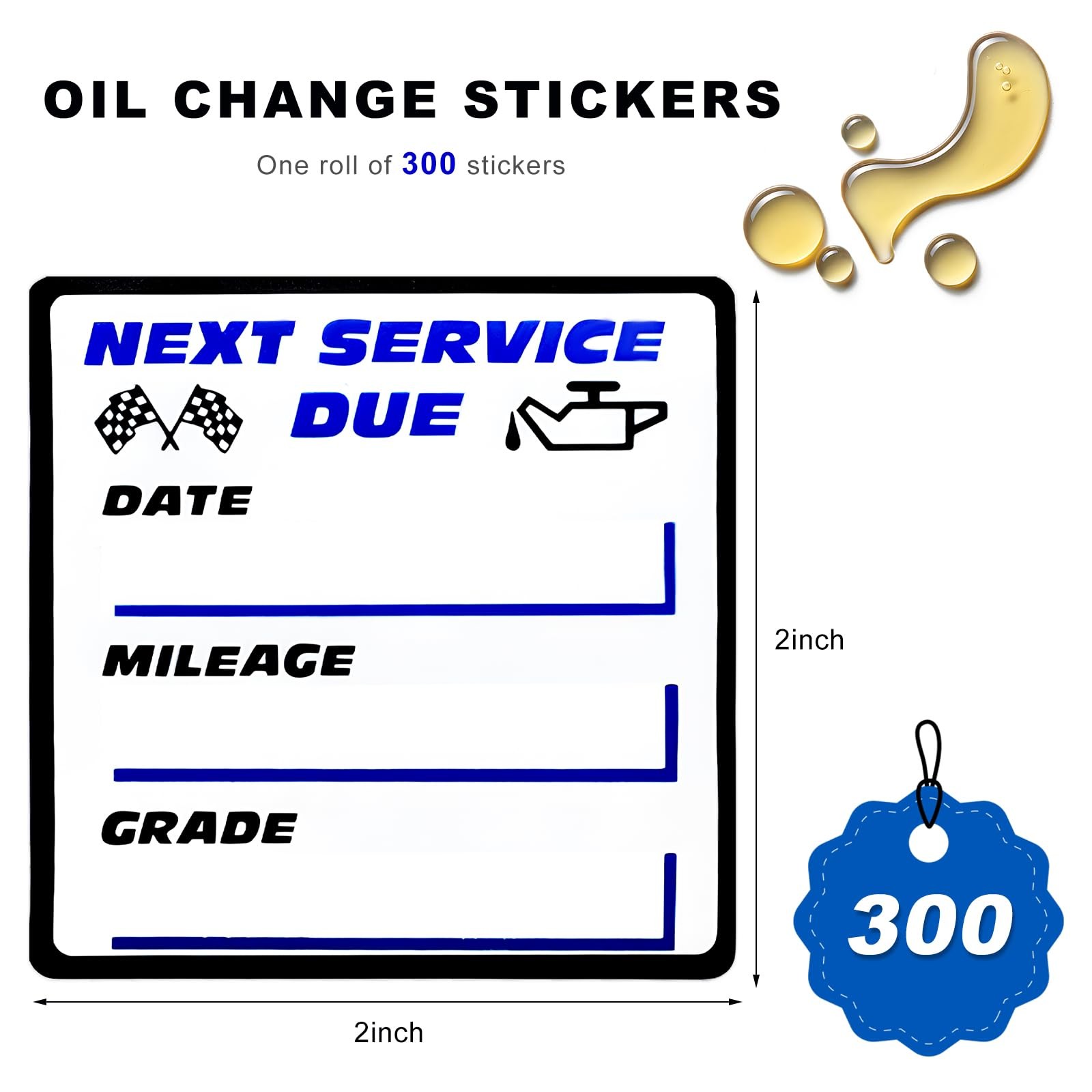 300PCS Oil Change Stickers, 2" × 2" Transparent No Residue Oil Change Reminde…