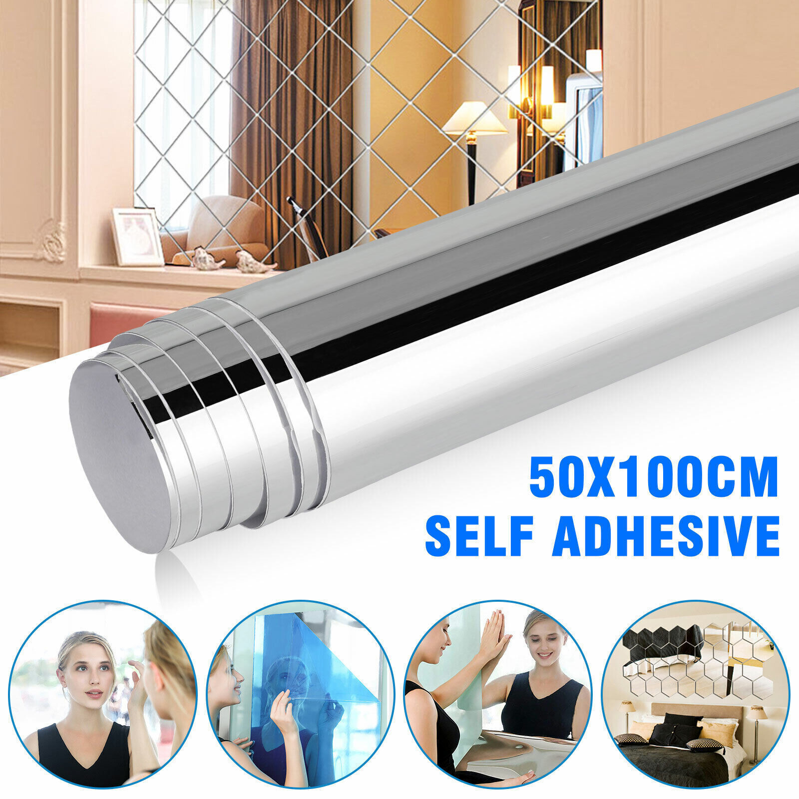 50x100cm Self Adhesive Mirror Reflective Wall Sticker Film Paper Kitchen Decor