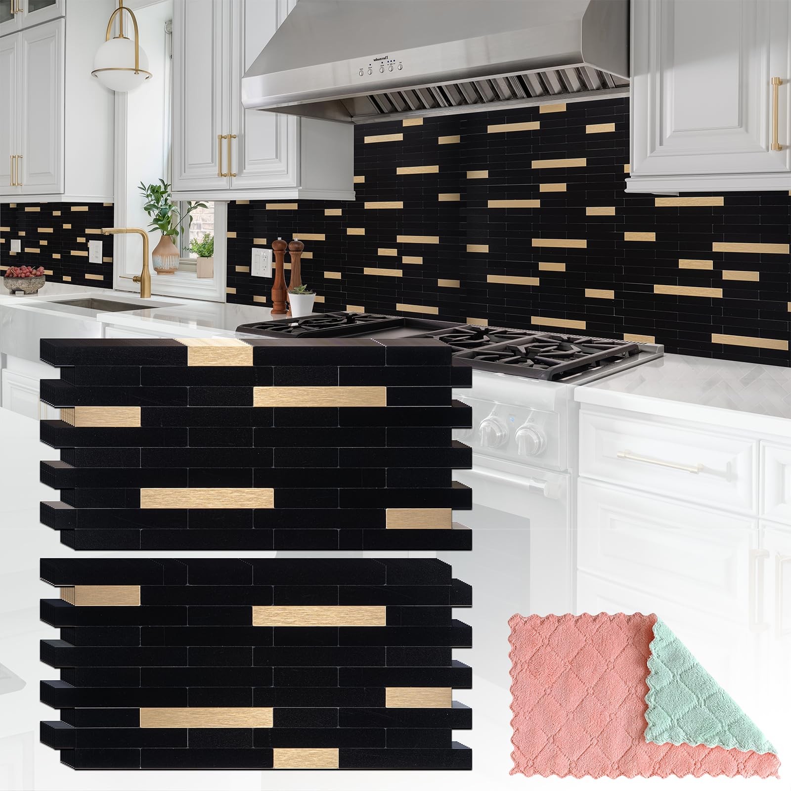 StyloVue 20 Sheets Peel and Stick Tile Backsplash, Black with Metal Gold Look…