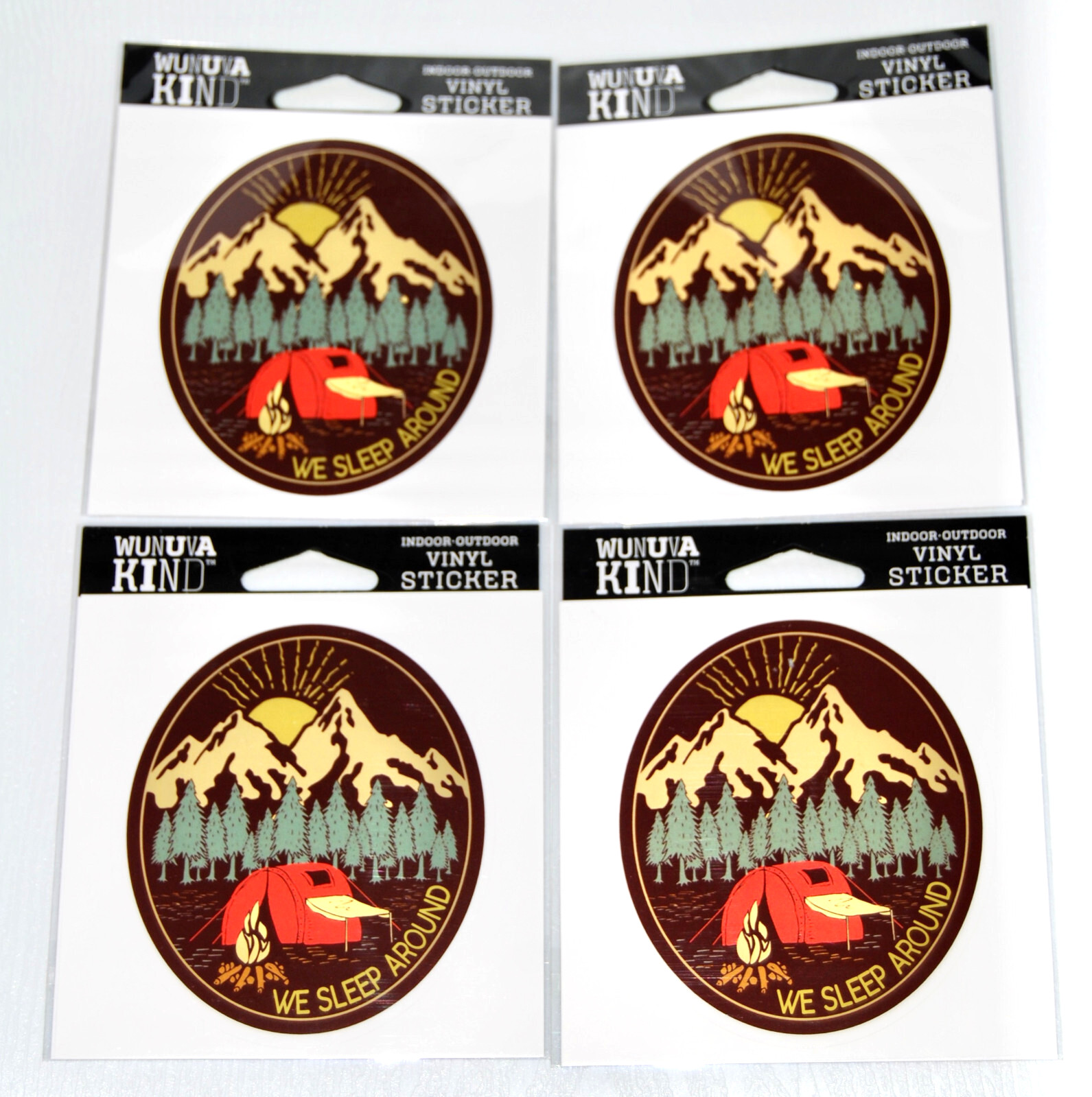Lot of 4 Wunuva Kind Indoor-Outdoor Brown WE SLEEP AROUND Camping Vinyl Sticker