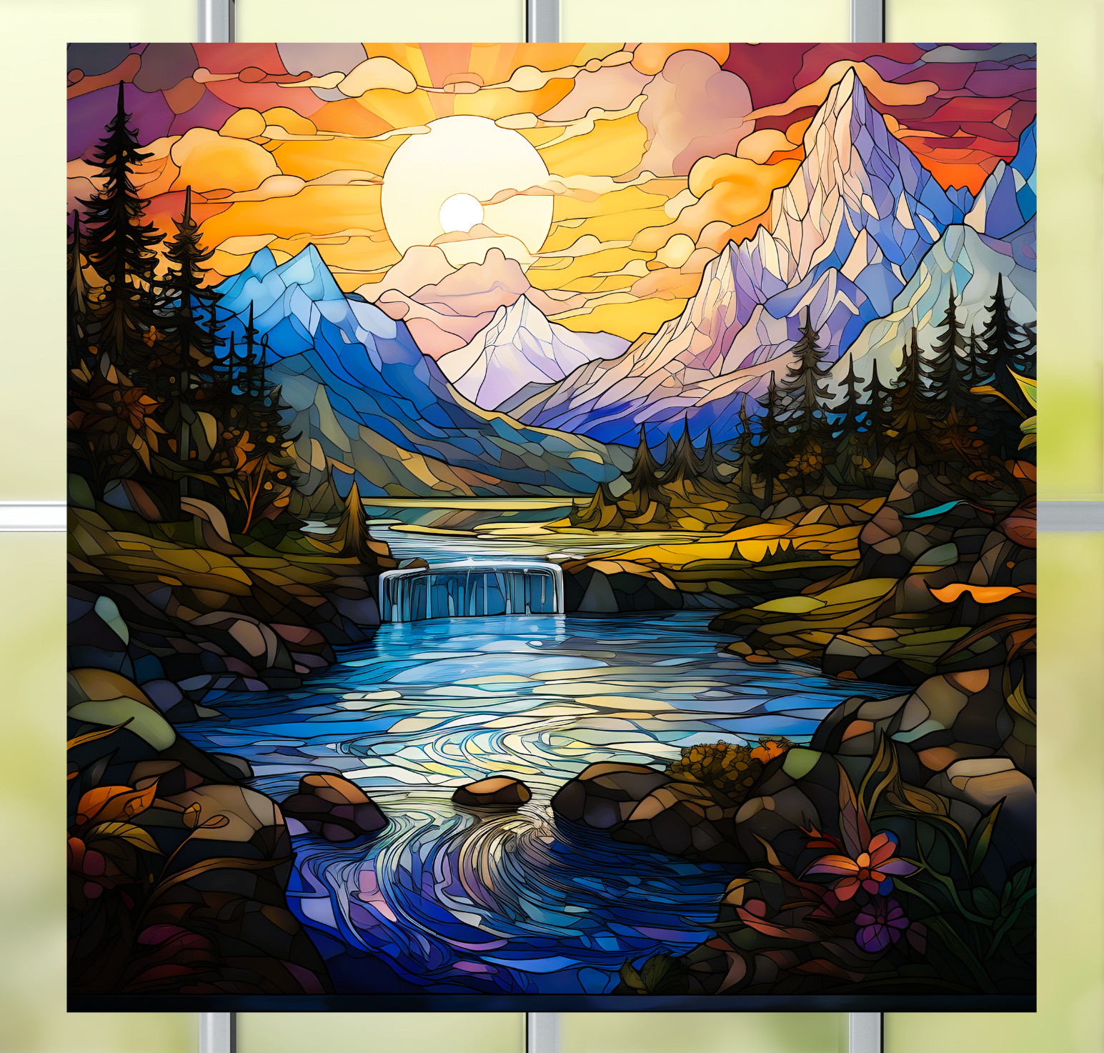 Scenic Waterfall at Sunset Faux Stained-Glass WINDOW CLING Size 8" Vinyl
