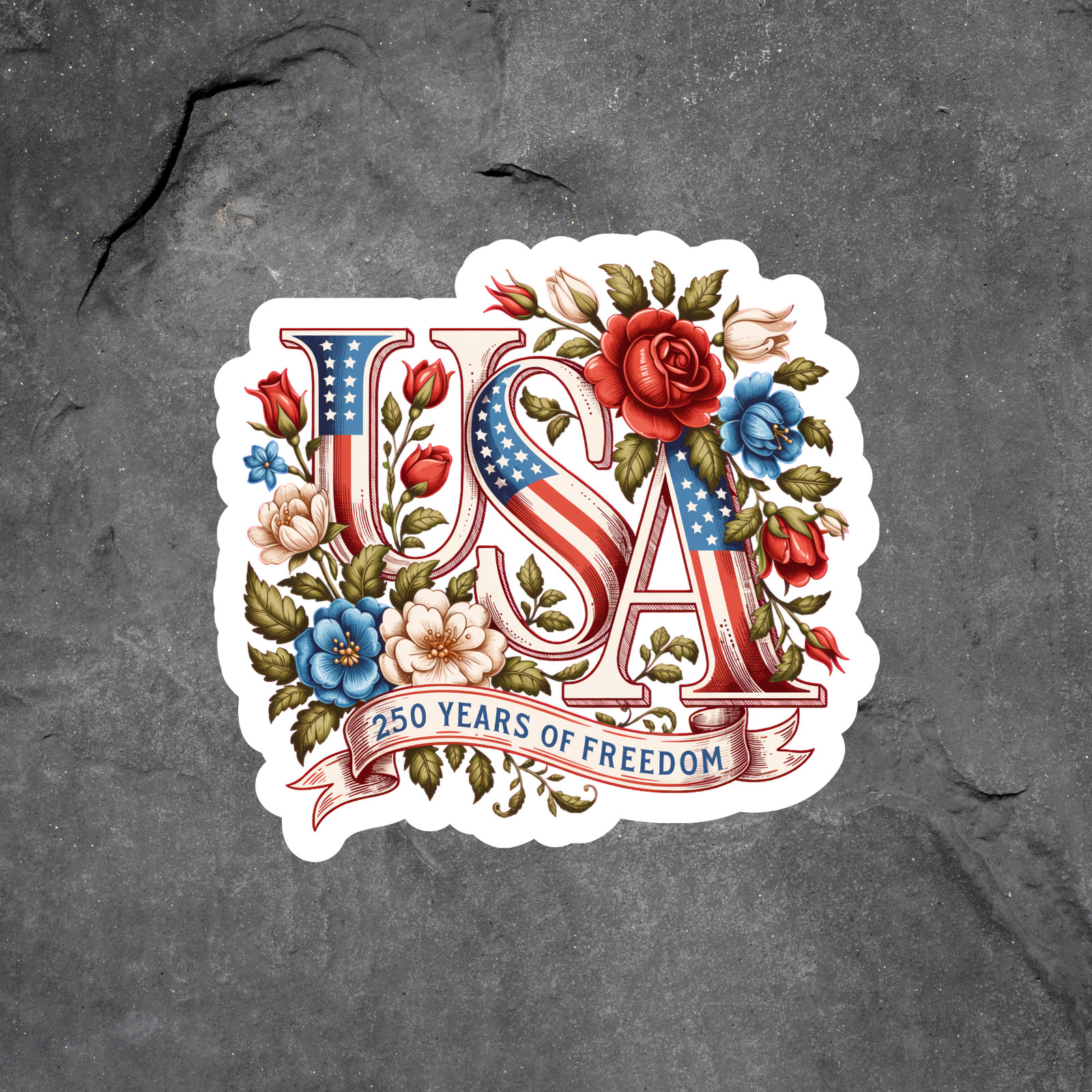 USA Sticker Vinyl Decal Patriotic Floral America 250 Years Freedom