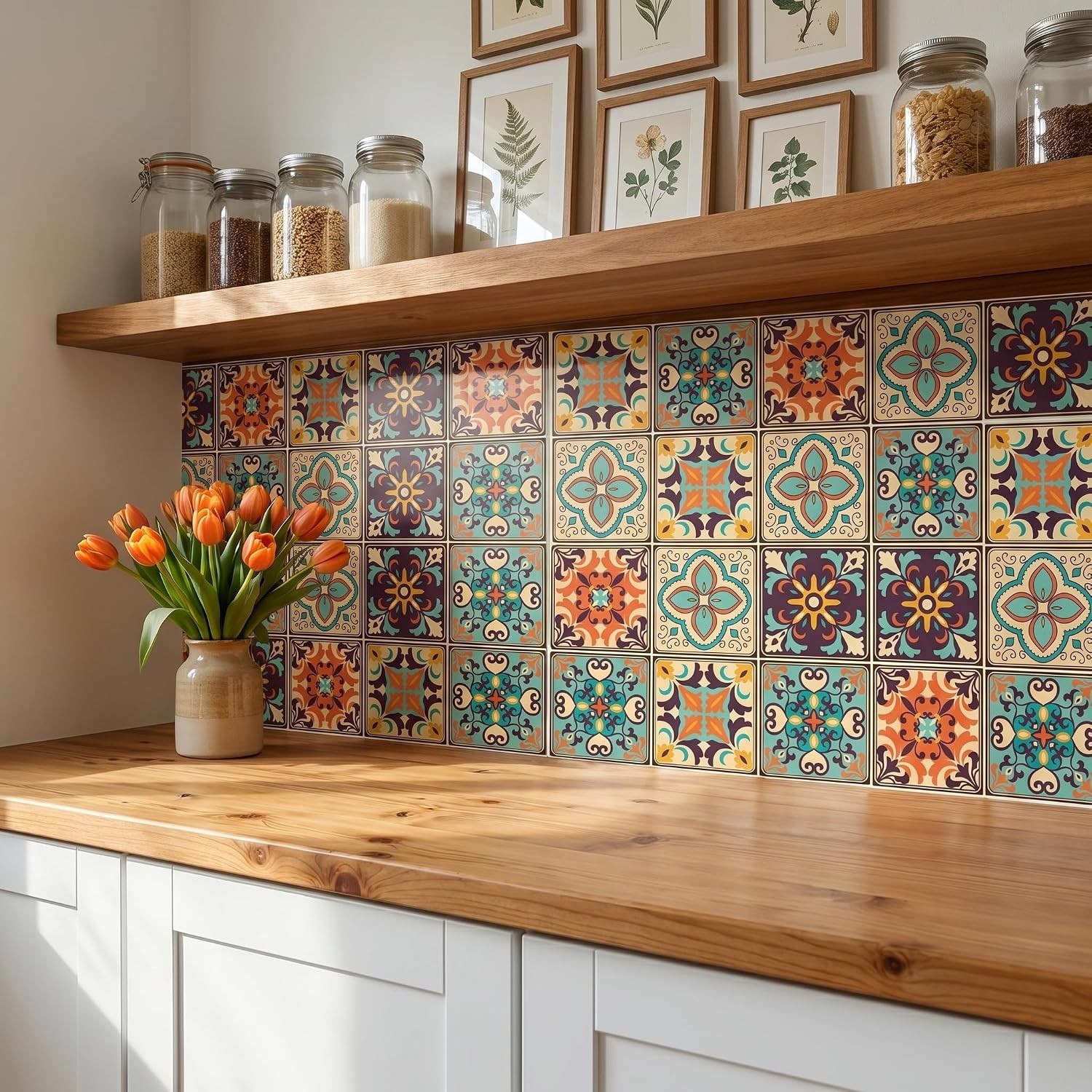 Vibrant Bohemian Tile Wall Stickers – 30-Pack Waterproof & Residue-Free, 4×4"