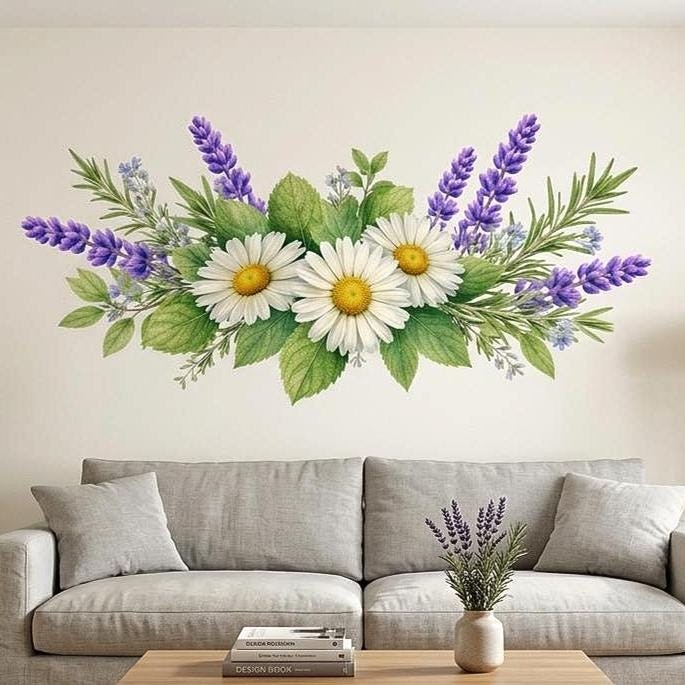 Daisy Lavender Wall Vinyl Decal | Watercolor Floral Bouquet Sticker