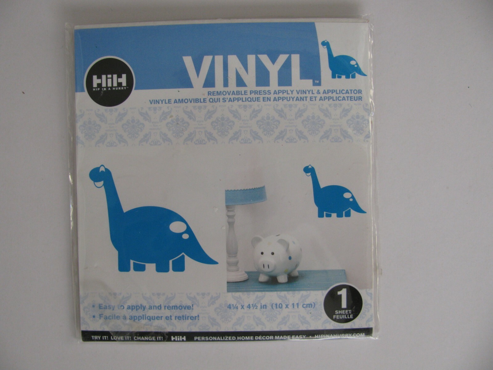 Hip In A Hurry Vinyl Removable Press Apply BLUE DINO 4.25" X 4.5" NIP