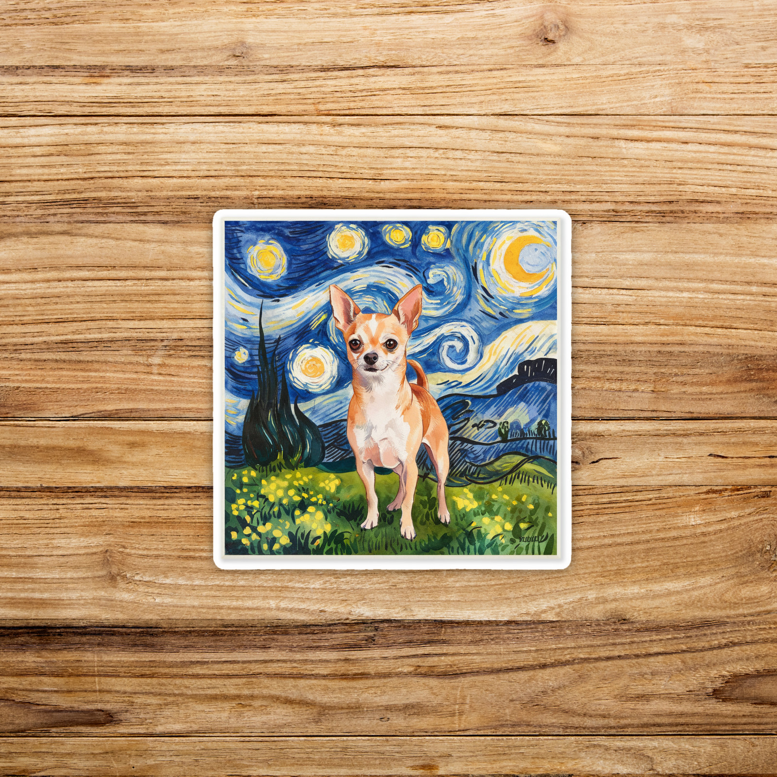 Chihuahua Art Print – Starry Night Inspired Dog Painting, Whimsical Wall Decor #