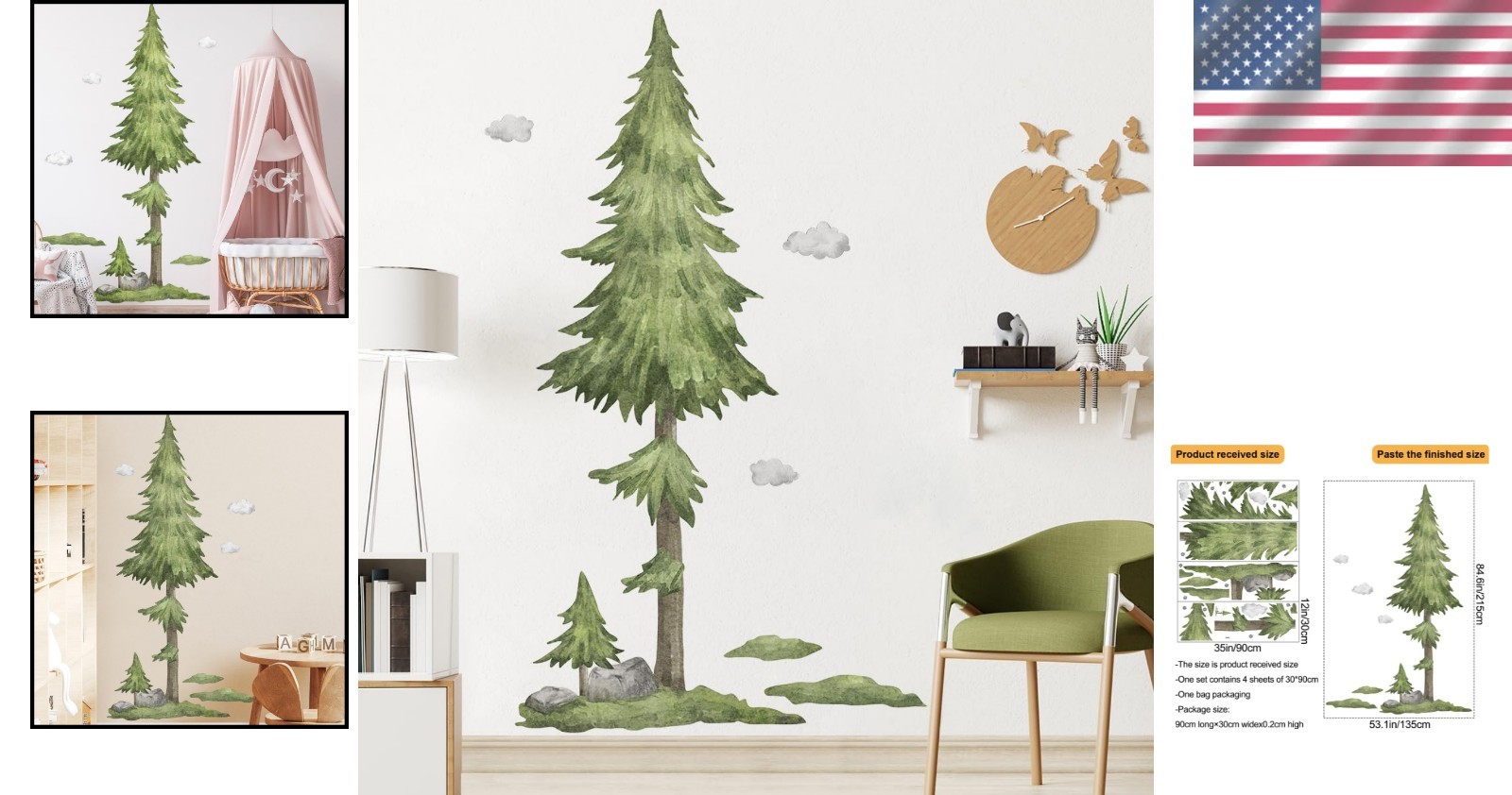 Wall Decals Large Pine Tree Elk Birds Watercolor Woodland Wall Stickers for Kids