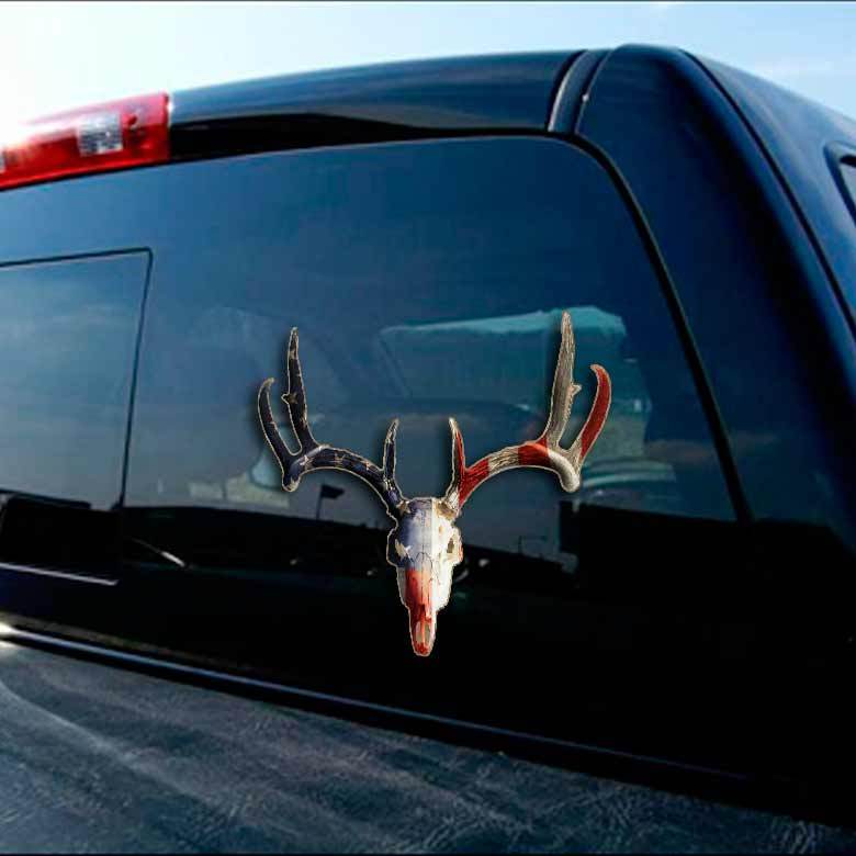 Hunting Sticker Deer Skull American Flag Decal Car Truck Window Whitetail