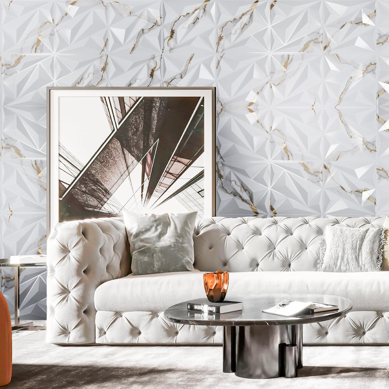 33 Pack 3D Diamond Wall Panels – Gold Veined White PVC Décor, 32 Sq.Ft.