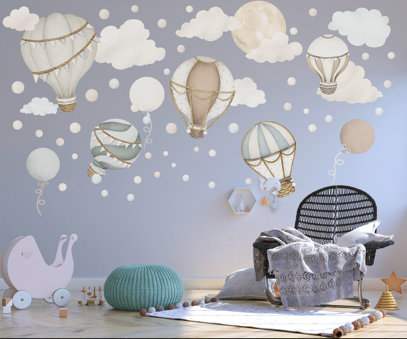 Boho Hot Air Balloon Wall Decals, Neutral Unisex Air Balloons Nursery Decor Set