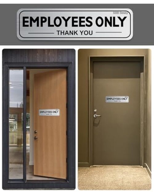 2pcs Employees Only Sign Stickers, Metal like Brushed Silver, 9"x2.5", Back