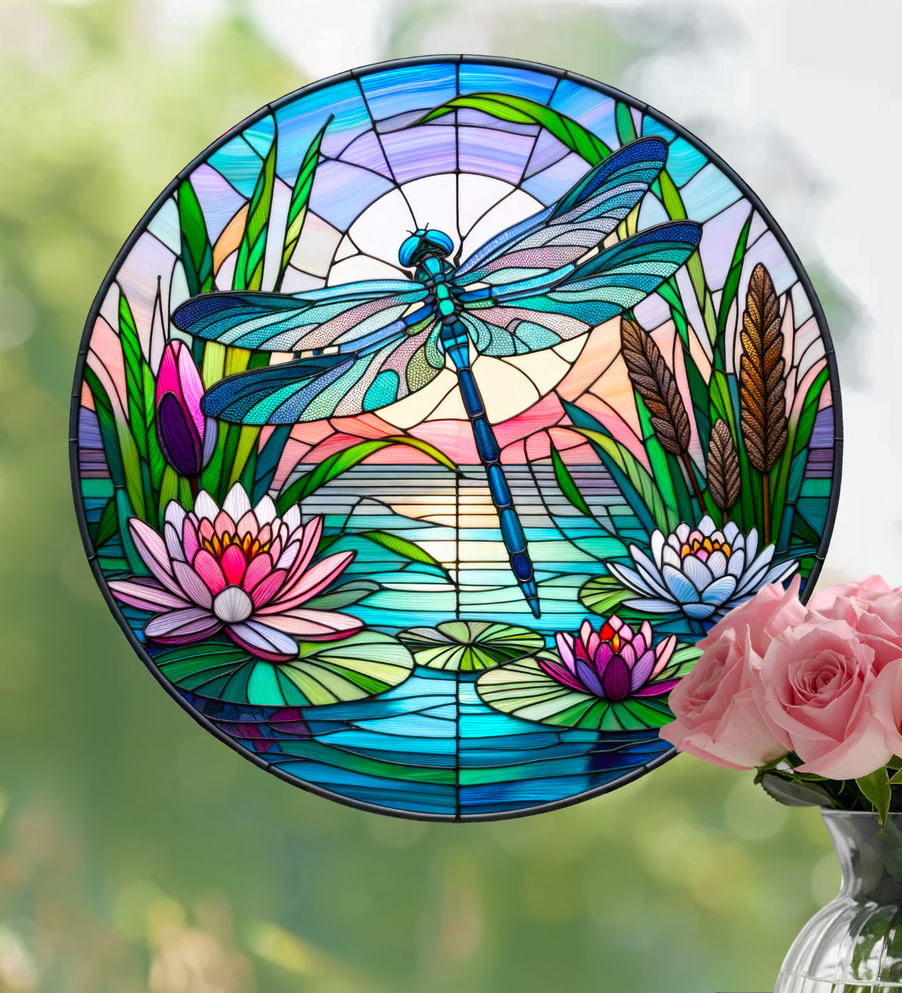 Dragonfly Water Lily Faux Stained-Glass WINDOW CLING Sun-catcher Size 8" Round
