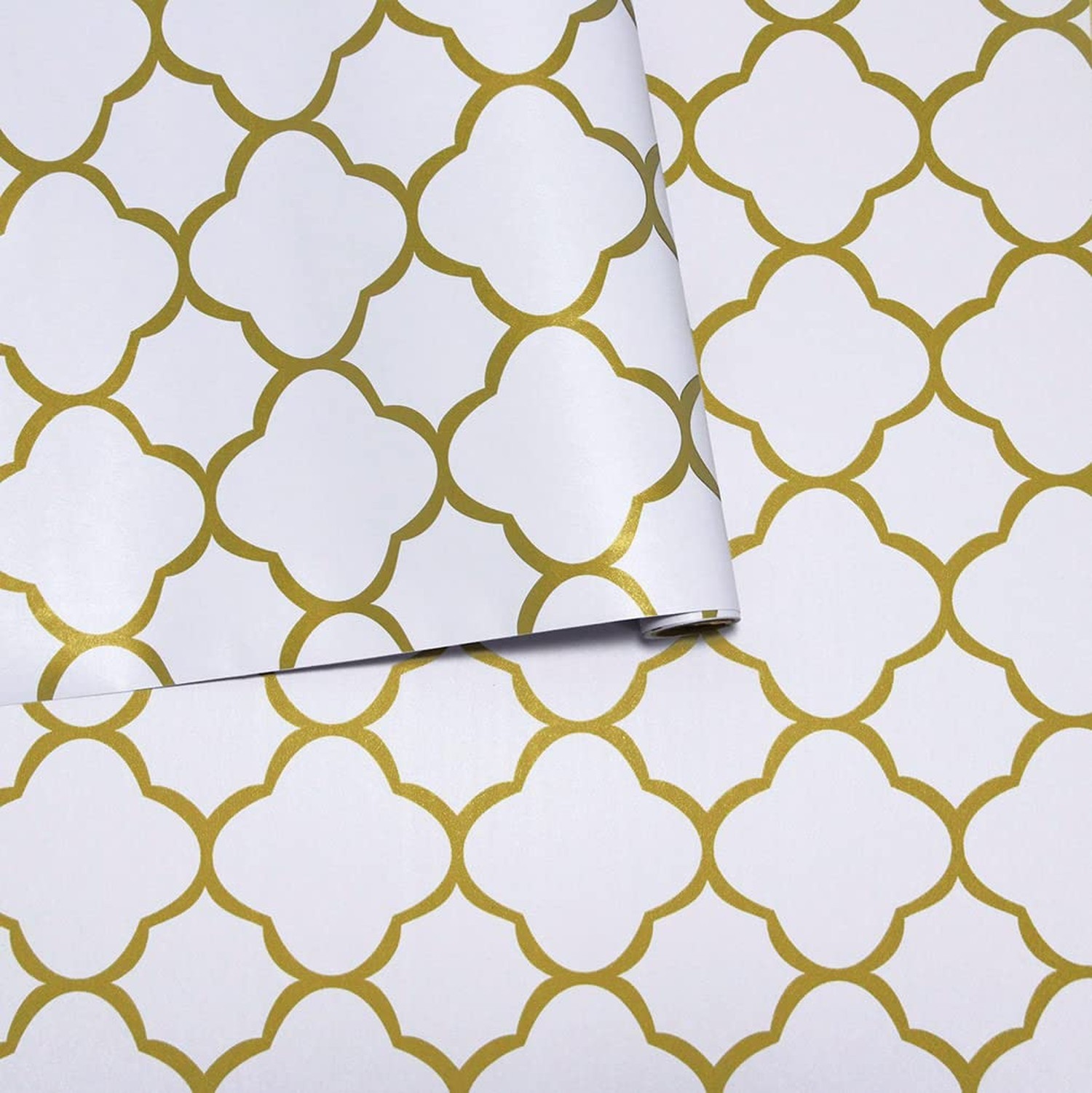 Safiyya 118"x17.7" Gold Peel and Stick Wallpaper White and Gold Pattern Conta…